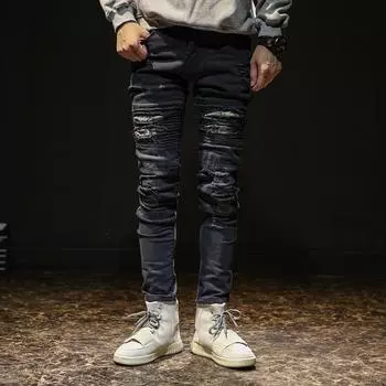 Четырехсезонные европейские и американские мужские джинсы с рваными коленями, эластичные уличные трендовые узкие брюки, плиссированные брюки с короткими штанинами в мотоциклетном стиле 28