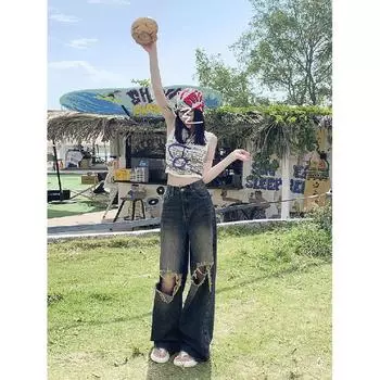 Четырехсезонные новые женские рваные джинсы High Street с высокой талией и свободными складками, кошачьими усами, длиной до пола и широкими штанинами XS