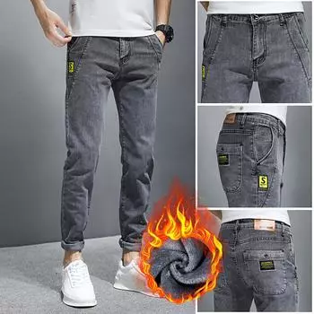 Четырехсезонные плюс флисовые/обычные джинсы мужские корейской версии облегающие эластичные брюки с короткими штанинами для мужчин старшей школы 27