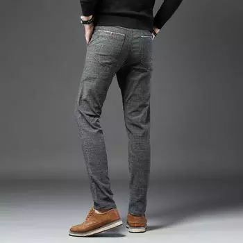 Четырехсезонные повседневные брюки мужские клетчатые с принтом маленькие прямые брюки модные и универсальные эластичные мужские брюки 28 серый