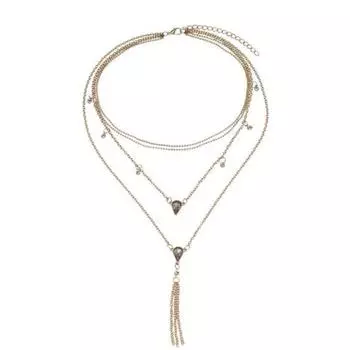 Четырехслойная цепочка с драгоценным камнем и бриллиантом, многослойное ожерелье с кисточкой и подвеской золотистый