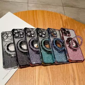 Чехол для телефона с четырьмя углами и защитой от падений для iPhone 16 Pro Max 15 14 Pro 13 12 11, ударопрочный, блестящий, прозрачный, магнитный, держатель, задняя крышка iPhone 15 синий