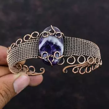 Браслет-манжета с аметистом и шевронным драгоценным камнем, браслет из медной проволоки, регулируемый браслет-манжета, ювелирное изделие из медной проволоки, подарок для мамы, браслет ручной работы