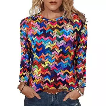 Футболка с длинным рукавом и принтом шеврон, повседневный топ с круглым вырезом на весну и осень, женская одежда S