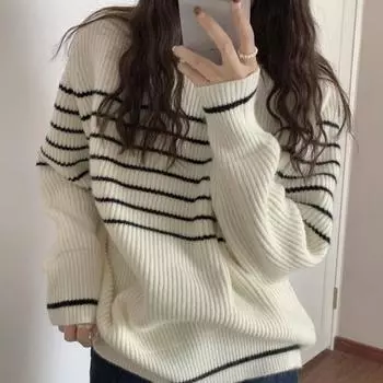 Chic Autumn and Winter Pullovers Round Neck Knitted Sweater Women Striped Loose Long Sleeve Sweaters for Women Fashion Casual Warm Lady Jumpers 25644 One Size тёмно-синий