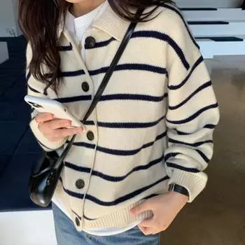Chic Autumn Retro Turn Down Collar Knitted Cardigans Women Single Breasted Casual Loose Winter Sweaters Women Long Sleeve Striped Lady Cardigan 25725 One Size абрикосовый