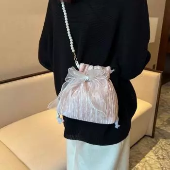 Chic Bowknot Canvas Crossbody Bag with Faux Pearl Chain Versatile & Stylish Bucket Shoulder Purse for Women