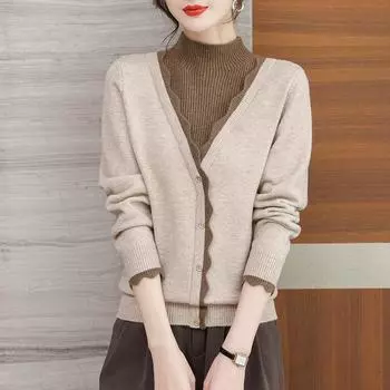 Chic Faux Twinset Knit Sweater - Mock Neck, Long Sleeve, Loose-Fit Pullover with Geometric Pattern for Women - Perfect for Fall/Winter S