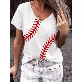 Chic Geometric V-Neck Tee for Women – Comfort Stretch, All-Season Casual Style – Easy Care S