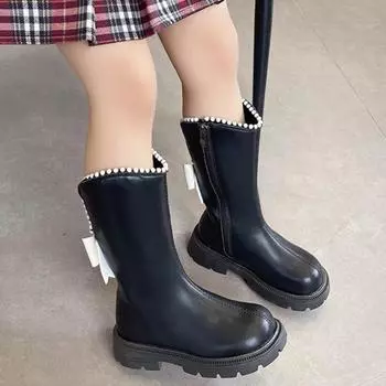 Chic Girl Winter Boots Causal Round-toe Children Cotton Boots Fashion Back Bowknot Sweet Kids Versatile Princess Mid-calf Boots 26 белый
