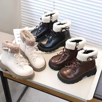 Chic Girls Princess Leather Boots Causal Winter Children s Boots Thick Bottom Versatile Kids Fashion Cotton Boots Elegant Trend 26 чёрный