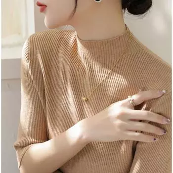 Chic Half Turtleneck Pink Half Sleeve Knitting Bottoming Shirt Golden camel M([Recommended 50.00 kg-55.00 kg]])