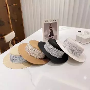 Chic pearl satin straw hat women s summer seaside beach travel sun protection sun hat flat brim top hat M56-58cm чёрный