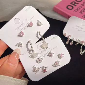 Chic Pink Zircon Geometric Earrings with Silver Needle and Love Tassel Design for Girls