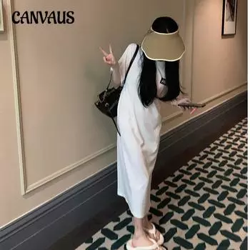 Шикарное платье-футболка с принтом, женское летнее свободное платье средней длины с разрезом и большими размерами M белый