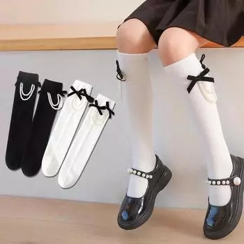 Chic Simplicity Kids Girl Tele Socks Black White Color Princess Pearl Knee High Gloves For Little Girl Spring Autumn School Socks белый