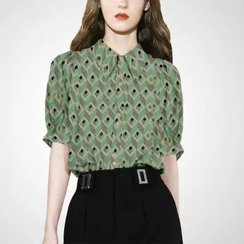Chic Socialite Women s Clothes Niche Long-Sleeve Printed Shirt Green Print (short sleeve) 2XL