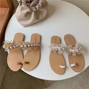 Chic String bead clip toe slippers women sandals summer beach shoes ladies flat slides fairy pearl lace ruffles flip flops femme 5 абрикосовый