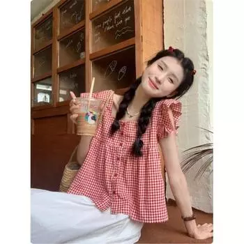 Chic Summer Dopamine Wear Loose Top Shirt Red [Korean/dopamine wear/beautiful/Loose]] L