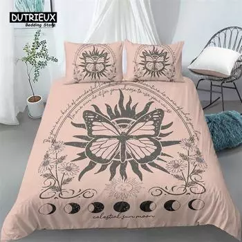 Chic Sun And Moon Duvet Cover 3D Floral Comforter Cover Bohemia Psychedelic Butterfly Bedding Set King Full For Kids Boys Girls EU single(135x200cm)