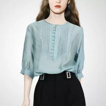 Chic Tencel Thin Niche Style Fancy French Shirt Blue-Green L
