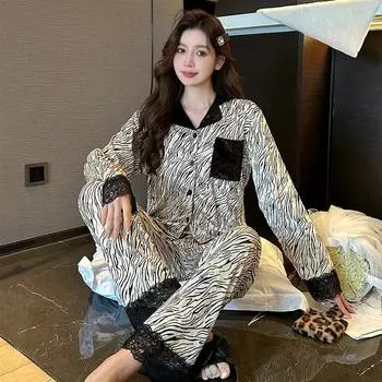 Шикарный тренд зебра полосатая пижама женская флис кружево элегантный принт ночная рубашка новая осень/зима ленивые лаунжи M бежевый