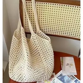 Chic Woven Bag Casual Large Capacity Cotton Thread Cut Out Straw Bag Idle Style Shoulder Beach Bag Holiday Women s Bag White + small bag