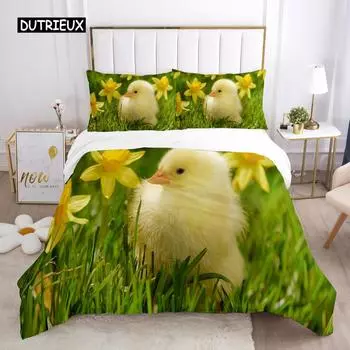 Chick Duvet Cover Set Farm Animals Quilt Cover Little Chicken Twin Bedding Set for Boys Girl Microfiber 2/3pcs Comforter Cover EU single(135x200cm)