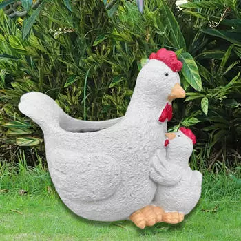 Chicken Planter Pot Hen and Chicks Statue Resin Rooster Sculpture Animal Figurine for Outdoor Lawn