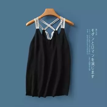 Chiffon Camisole Amoi Export Women s Younger Fashion round Neck Cross Strap Contrast Color Pullover Camisole 26010 Black B- 17-34-1 S