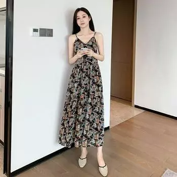 Chiffon Elegant Fancy Slim Looking Sling Dress Broken flowers 2XL