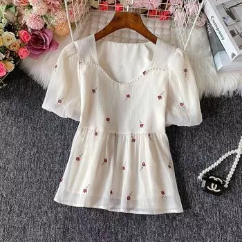 Chiffon Shirt Short-Sleeved Women s Summer New Arrival Fancy Chic Bright Waist Tight Shirt Square Collar Beaded Embroider Jacket Red L
