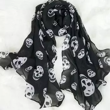 Chiffon Skeleton Printed Party Hair Scarves Skull Scarf Head Shawls Hair Tie Band Women Silk Scarf black-A