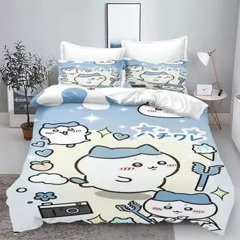Chiikawa Anime Duvet Cover Set Comforte Printed Cartoon Twin Size Постельное белье Подарки на Рождество 3 предмета EU Twin(135x200cm)