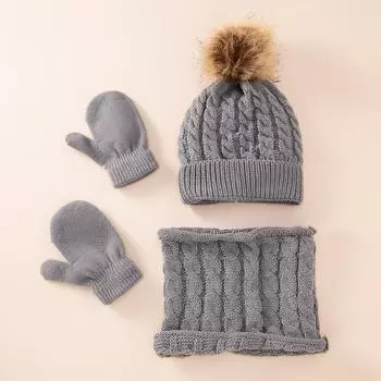 Child Winter Knitted Hat And Scarf Gloves Set Boy Girls Warm Plush Hat 3 Piece Sets Kids New Outdoor Ski Cap Scarves Solid Color Acrylic красный