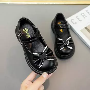 Children 2024 Shallow Loafers Girls Leather Shoes Butterfly with Bow Cute Kids Shoes Spring and Summer Non-slip Princess Shoes 26 чёрный