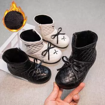 Children Ankle Boots Fashion Girls Short Leather Boots with Bow-knot Simple Soft Soled Baby Thick Warm Plush Fur Snow Boots 2024 21 чёрный
