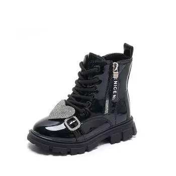 Children Ankle Boots Side Zipper Rhinestones Love 2024 Girls Boots Drop Shipping Simple Non-slip Princess Catwalk Kids Shoes PU 21 бежевый