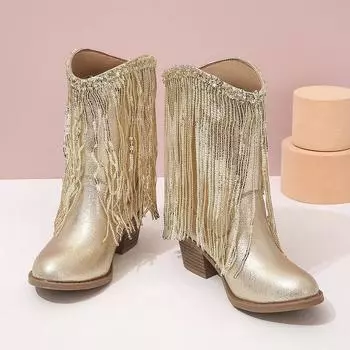 Children Boots Retro Tassels Elegant 2024 New Performance Girls Boots Low Heels Shiny Casual Solid Color Britain Princess Boot 29 золотой