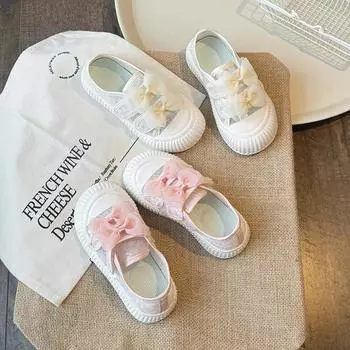 Children Casual Flat Shoes 2024 Summer New Girls Versatile Bow Princess Shoes Kids Cute Sweet Mesh Tennis Shoes with Sequins 23 бежевый