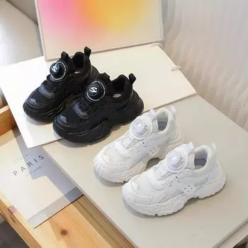 Children Casual Running Shoes with Rotating Button Boys Girls Sneakers Mesh Breathable 2024 New Kids Sports Shoes Thick Sole 26 чёрный