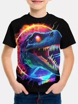 Детская одежда Корейская детская одежда Динозавр в неоне Детская весенняя одежда Топы С коротким рукавом Детская футболка Топ Рубашки 5-6Y