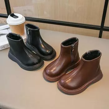 Children Fashion Boots Simple Girls Ankle Boot Black Kids Short Leather Boots Side Zipper Thick Bottom Autumn Winter 2024 New 23 чёрный