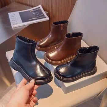 Children Fashion Boots Simple Style Girls Ankle Boot Causal Black Kids Short Leather Boots Side Zipper Autumn Winter 2024 New 23 коричневый