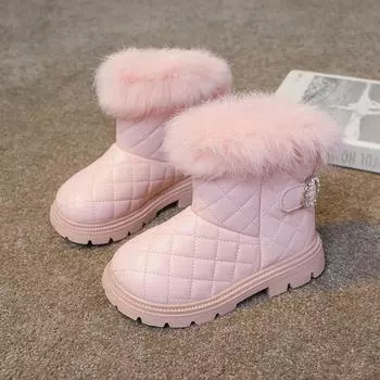 Children Fashion Boots Thick Warm Plush Fur Solid Color Winter Girls Short Boots Sewing Cute Britain Style Kids Snow Boots 26 бежевый