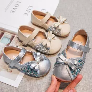 Children Fashion Casual Girls Mary Janes Rhinestones Bow Pearl Cute Hook & Loop Kids Non-slip Platform Shallow Leather Shoes PU 23 абрикосовый