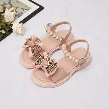 Children Fashion Girls Sandals Bow Houndstooth Versatile Open-toe Princess Casual Shoes Dropshipping Summer New Pearls Kids Shoe 21 розовый