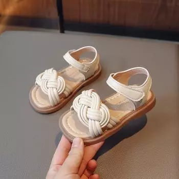 Children Fashion Girls Sandals Casual Weave Breatheable 2024 New Summer Beach Shoes Princess Flats Hook & Loop Chic Kids Korean 22 чёрный
