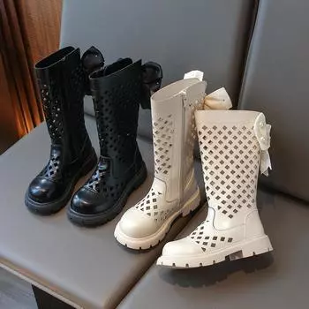 Детские полые сапоги для девочек, летние высокие сапоги, модные детские сапоги для принцессы с узлом-бабочкой, нескользящие, британский стиль 26 бежевый