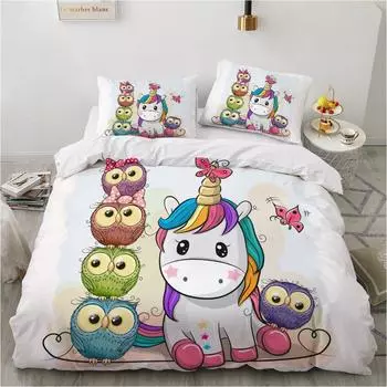 Children Kids Baby Pink Bedding Set Queen King Cartoon Unicorn White Duvet Cover Twin Full Colorful 3pcs Polyester Quilt Cover EU Single(135x200cm)